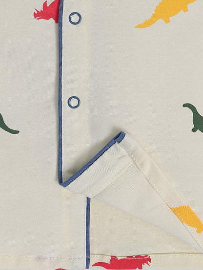 Cream Cotton Dino Print Full Sleeve Night Suit