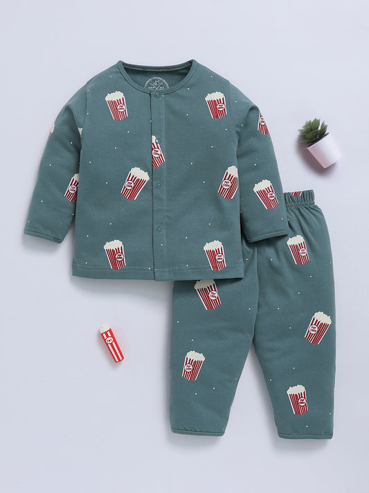 Popcorn Printed Green Cotton Full Sleeve Night Suit