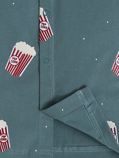 Popcorn Printed Green Cotton Full Sleeve Night Suit