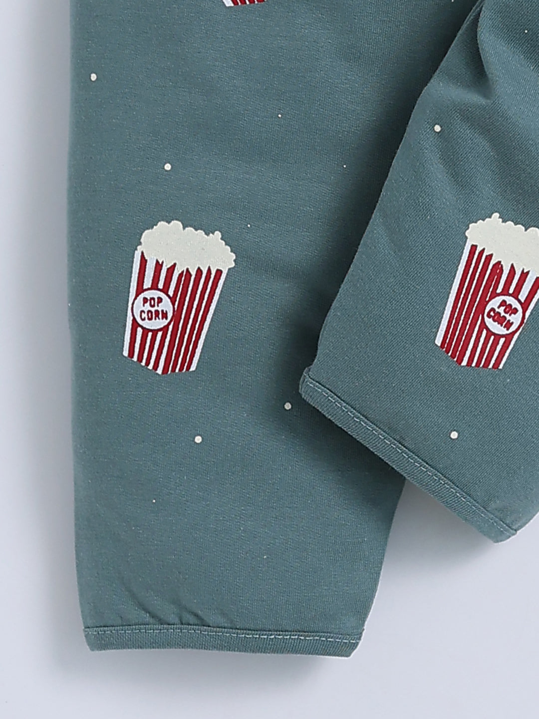 Popcorn Printed Green Cotton Full Sleeve Night Suit