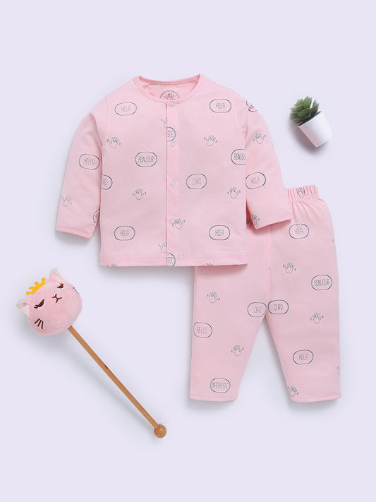Pink Cotton Typography Full Sleeve Night Suit
