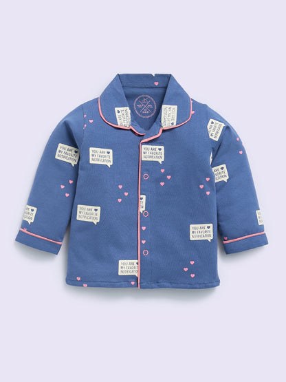 Blue Cotton Typography Full Sleeve Night Suit