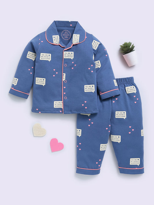 Blue Cotton Typography Full Sleeve Night Suit