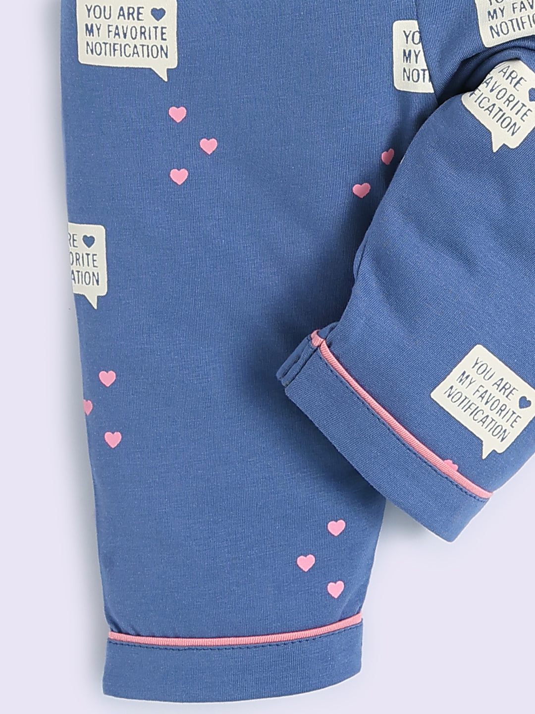 Blue Cotton Typography Full Sleeve Night Suit