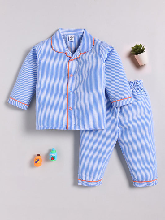 Blue Cotton Typography Full Sleeve Night Suit