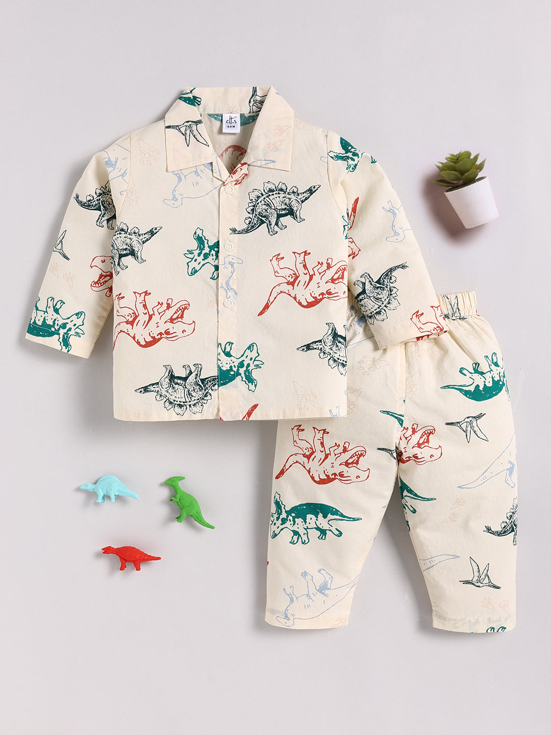 Cream Cotton Dino Print Full Sleeve Night Suit