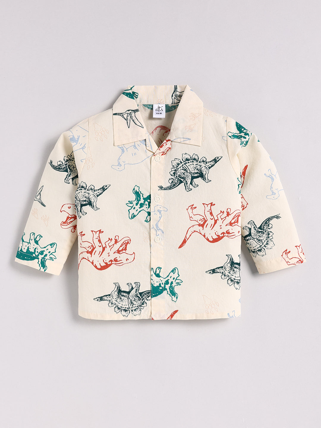 Cream Cotton Dino Print Full Sleeve Night Suit