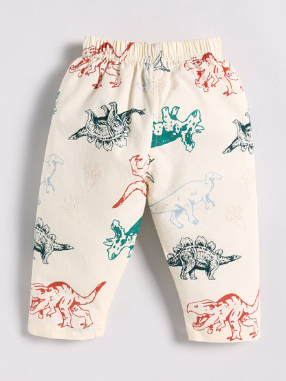 Cream Cotton Dino Print Full Sleeve Night Suit