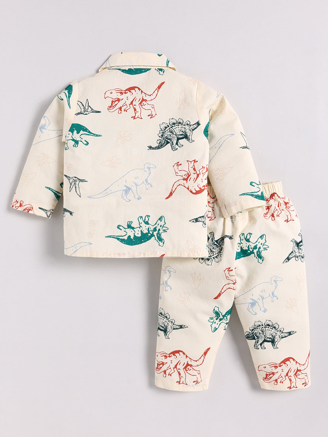Cream Cotton Dino Print Full Sleeve Night Suit