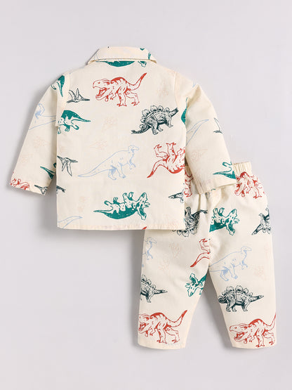 Cream Cotton Dino Print Full Sleeve Night Suit