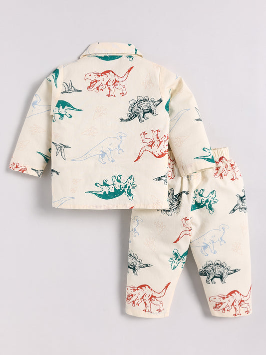 Cream Cotton Dino Print Full Sleeve Night Suit