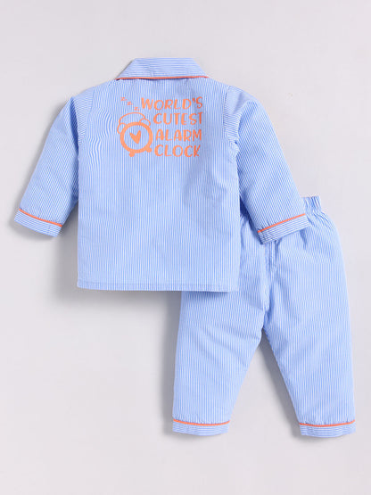 Blue Cotton Typography Full Sleeve Night Suit