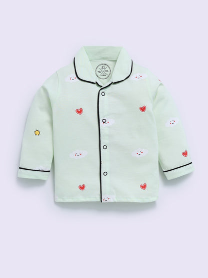 Sea Green Cotton Graphic Full Sleeve Night Suit