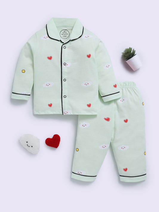 Sea Green Cotton Graphic Full Sleeve Night Suit