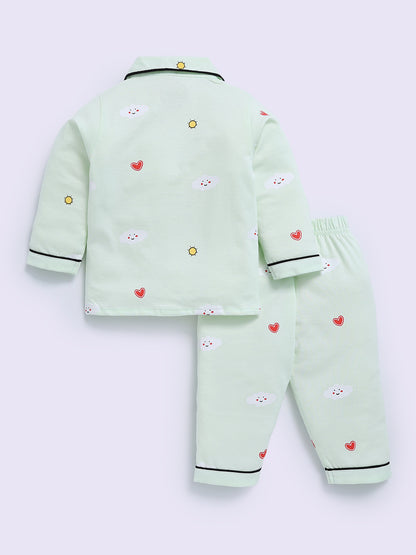 Sea Green Cotton Graphic Full Sleeve Night Suit