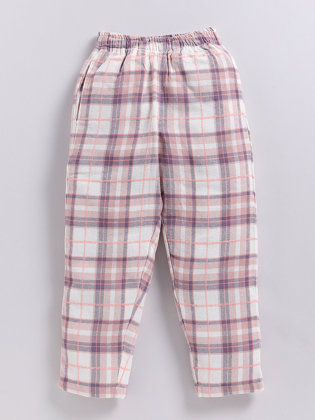Peach Checked Flannel Cotton Full Sleeve Night Suit