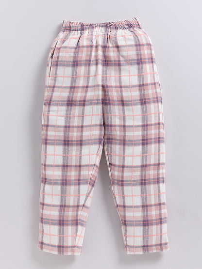 Peach Checked Flannel Cotton Full Sleeve Night Suit