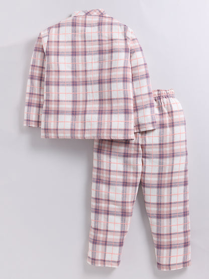 Peach Checked Flannel Cotton Full Sleeve Night Suit