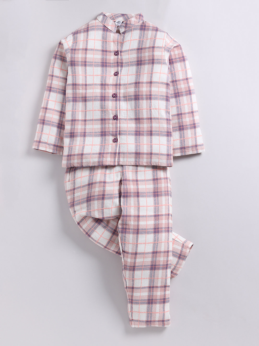 Peach Checked Flannel Cotton Full Sleeve Night Suit