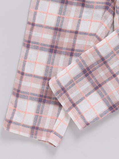 Peach Checked Flannel Cotton Full Sleeve Night Suit