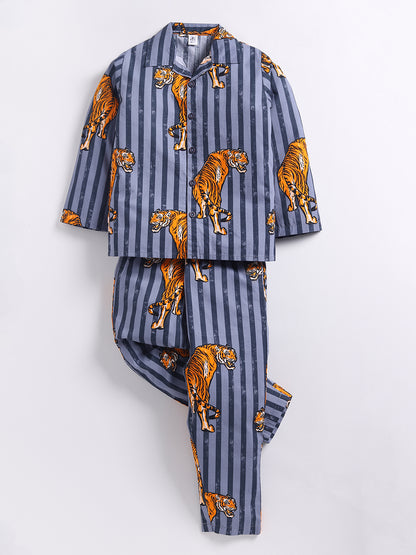 Grey Animal Print Cotton Full Sleeve Night Suit