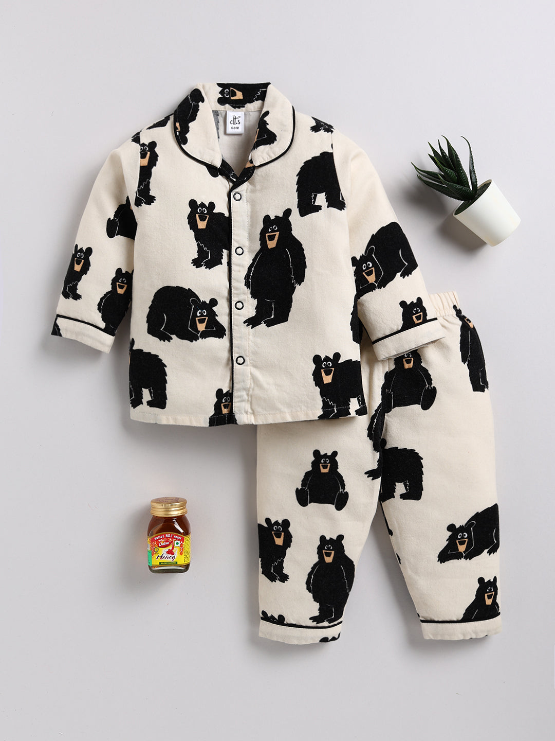 Cream Bear Print Full sleeve Night Suit