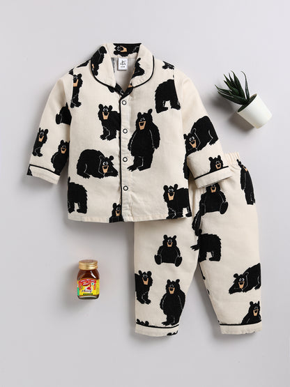 Cream Bear Print Full sleeve Night Suit