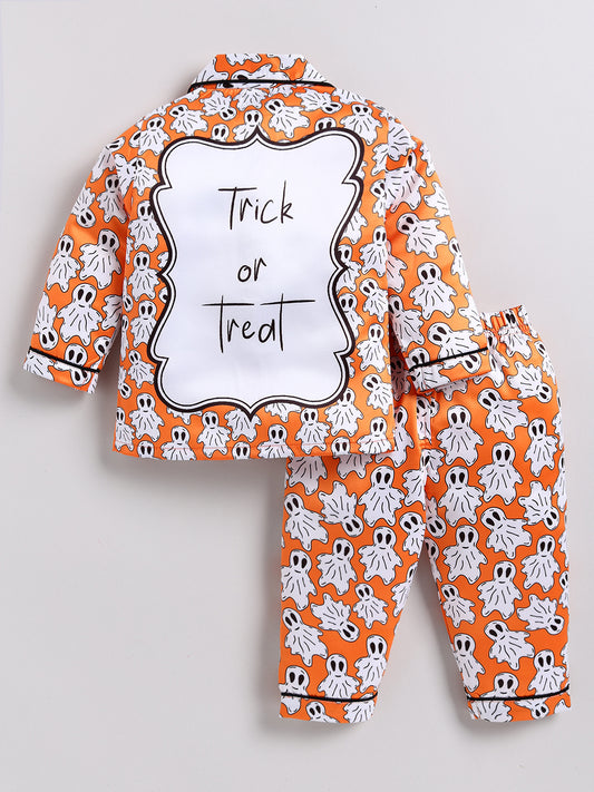 Halloween Theme Orange Full Sleeve Nightwear Set