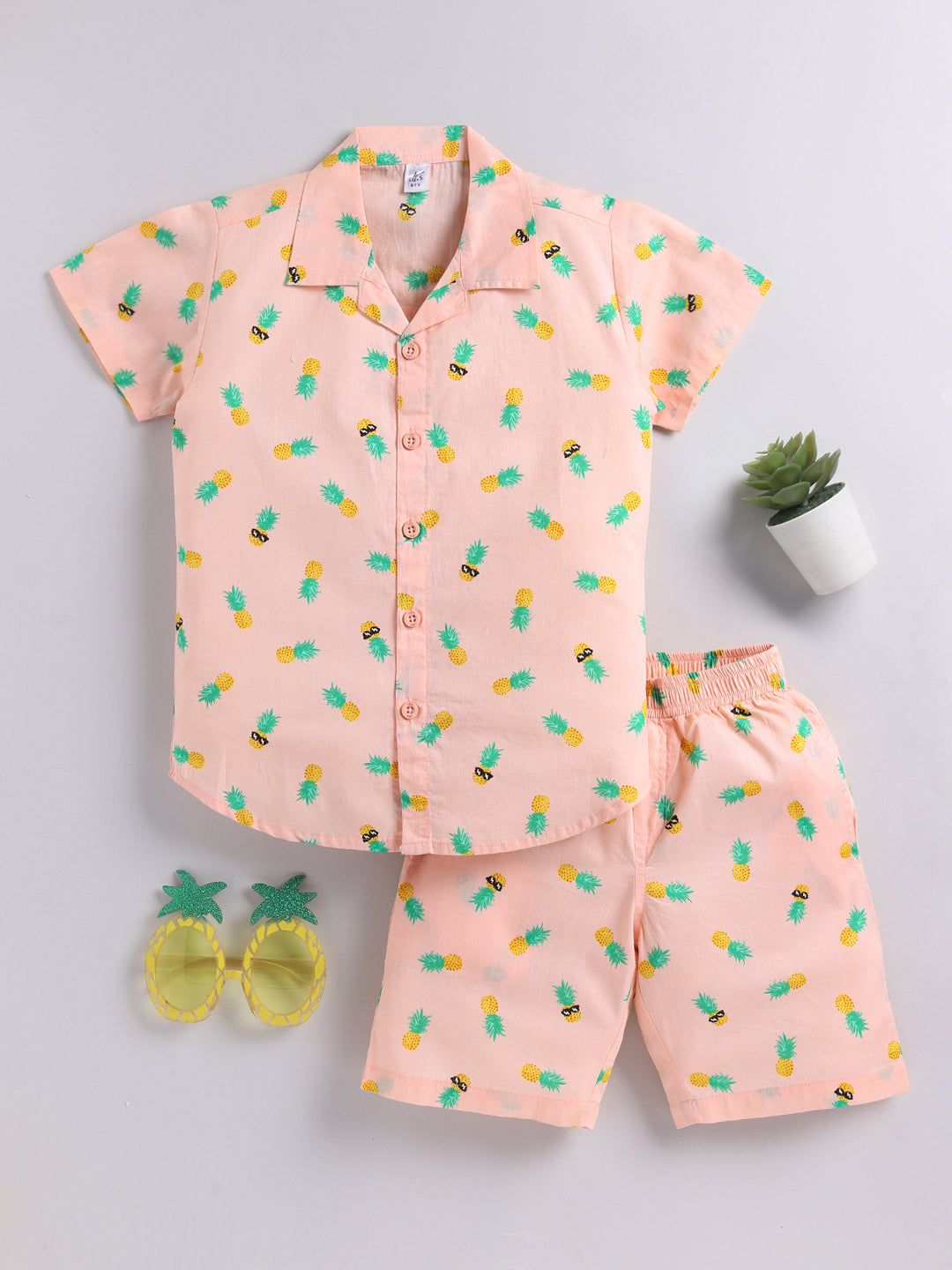 Peach Tropical Cotton Short Sleeves Co-ord Set