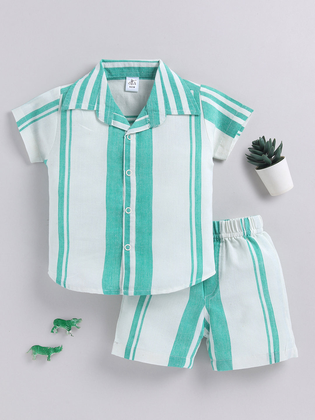 Green Striped Cotton Short Sleeves Night Suit