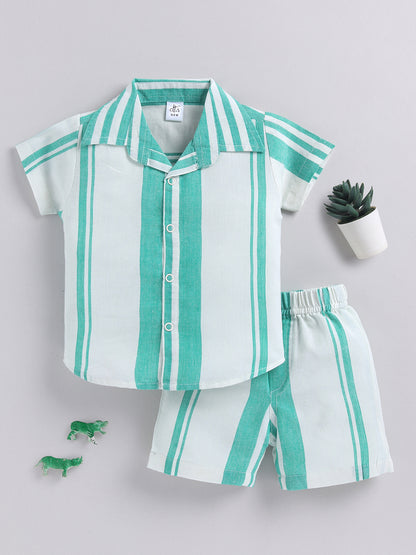 Green Striped Cotton Short Sleeves Night Suit
