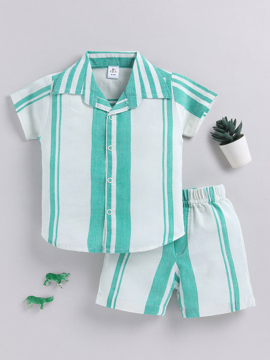 Green Striped Cotton Short Sleeves Night Suit