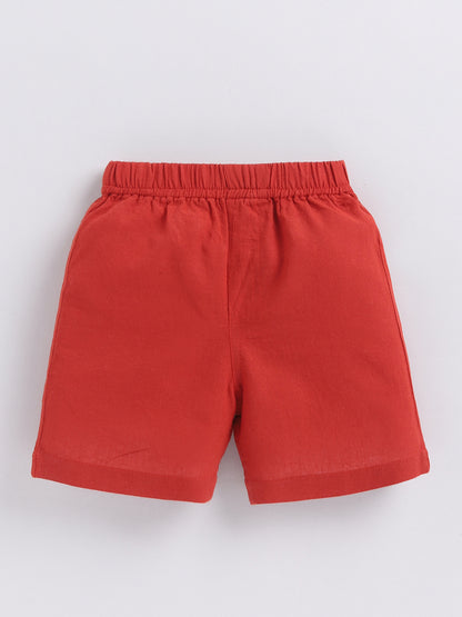 Red Solid Cotton Short Sleeves Night Suit