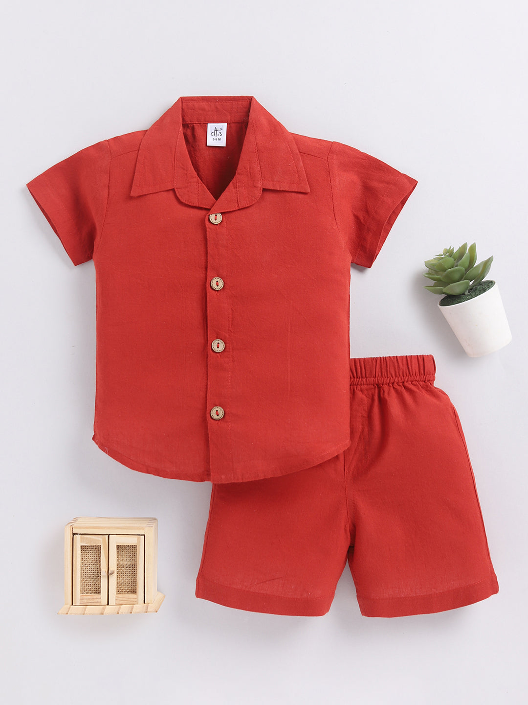 Red Solid Cotton Short Sleeves Night Suit