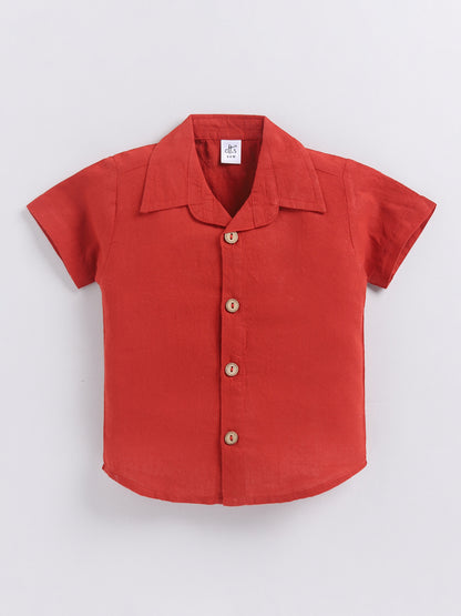 Red Solid Cotton Short Sleeves Night Suit