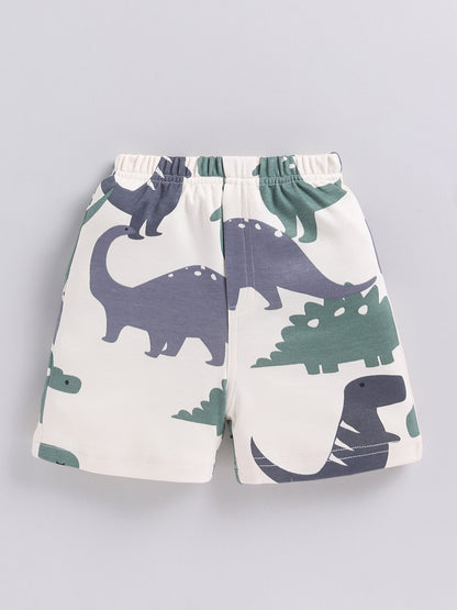 Cream Dino Printed Cotton Short Sleeves Co-ord Set