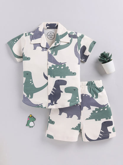 Cream Dino Printed Cotton Short Sleeves Co-ord Set