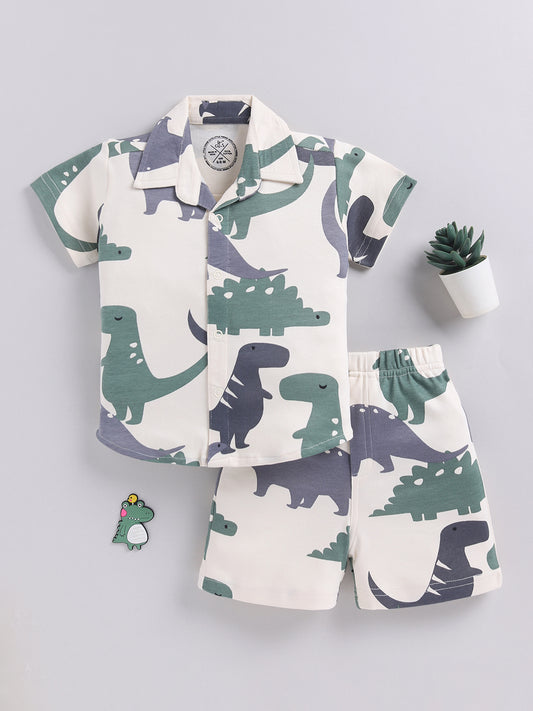 Cream Dino Printed Cotton Short Sleeves Co-ord Set