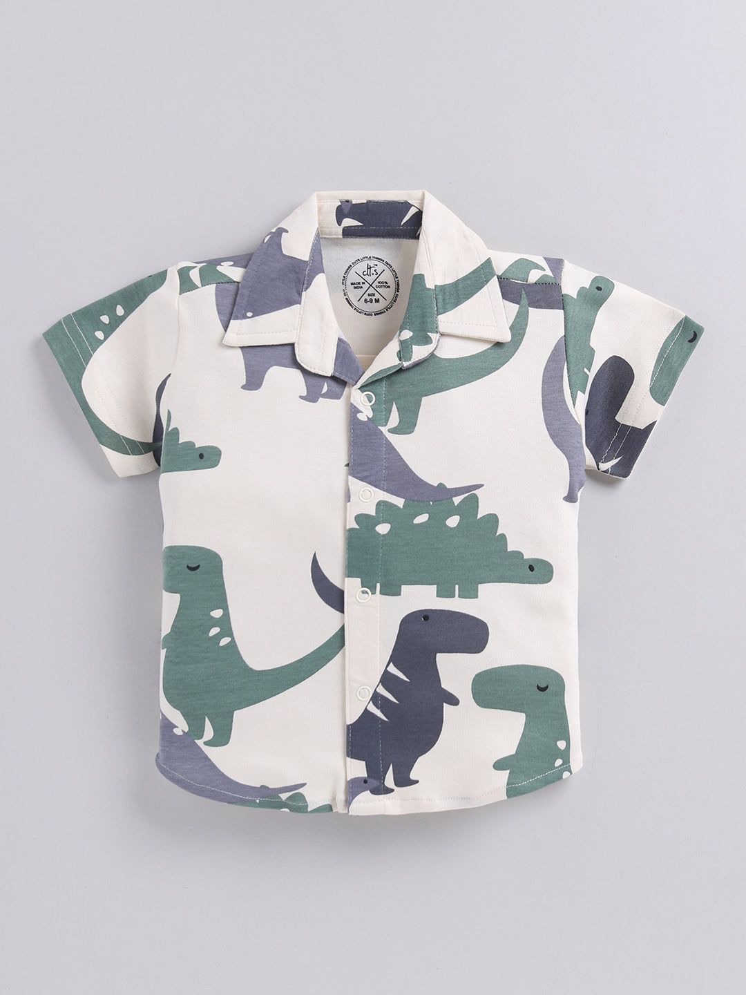 Cream Dino Printed Cotton Short Sleeves Co-ord Set