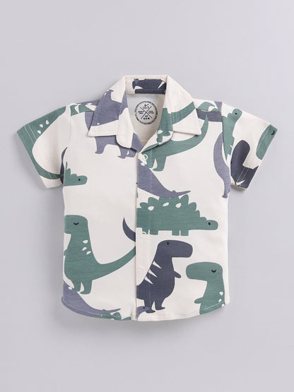 Cream Dino Printed Cotton Short Sleeves Co-ord Set