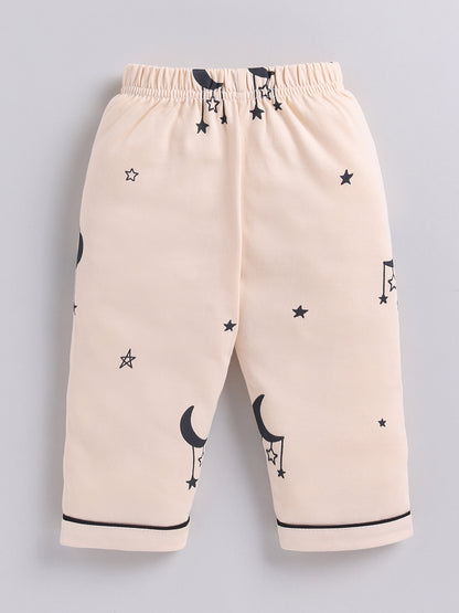 Beige Typography Cotton Full Sleeves Night Suit