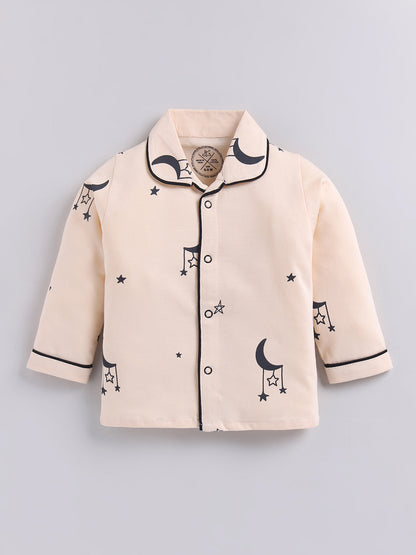 Beige Typography Cotton Full Sleeves Night Suit