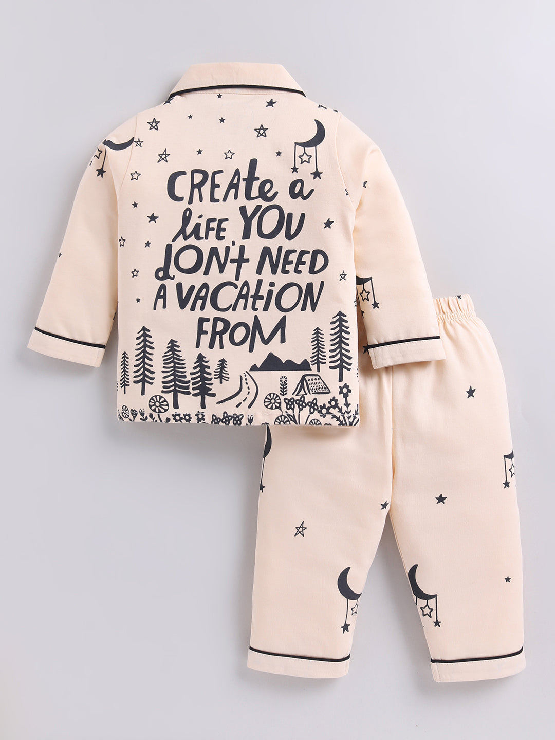 Beige Typography Cotton Full Sleeves Night Suit