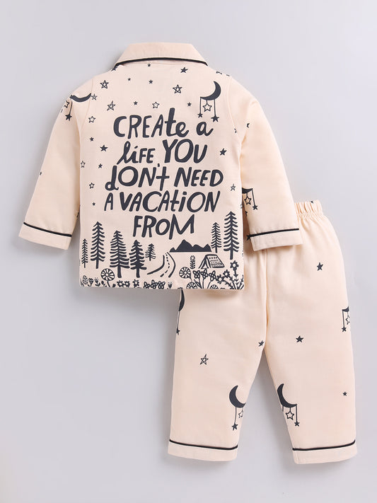 Beige Typography Cotton Full Sleeves Night Suit