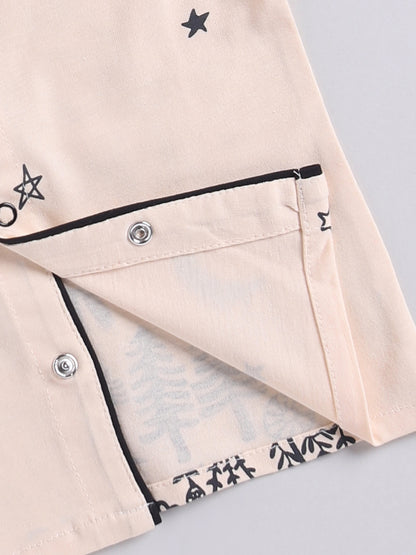 Beige Typography Cotton Full Sleeves Night Suit