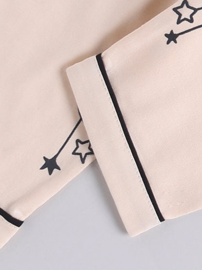 Beige Typography Cotton Full Sleeves Night Suit