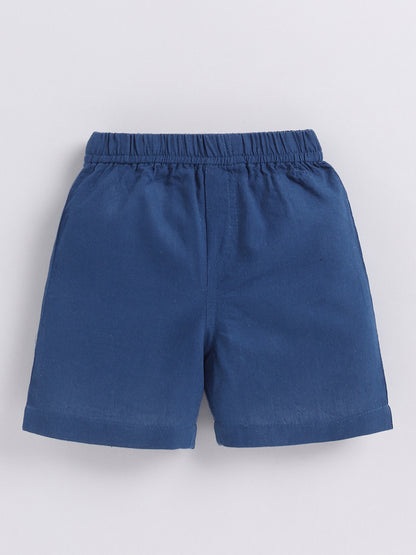 Blue Solid Cotton Short Sleeves Night Suit