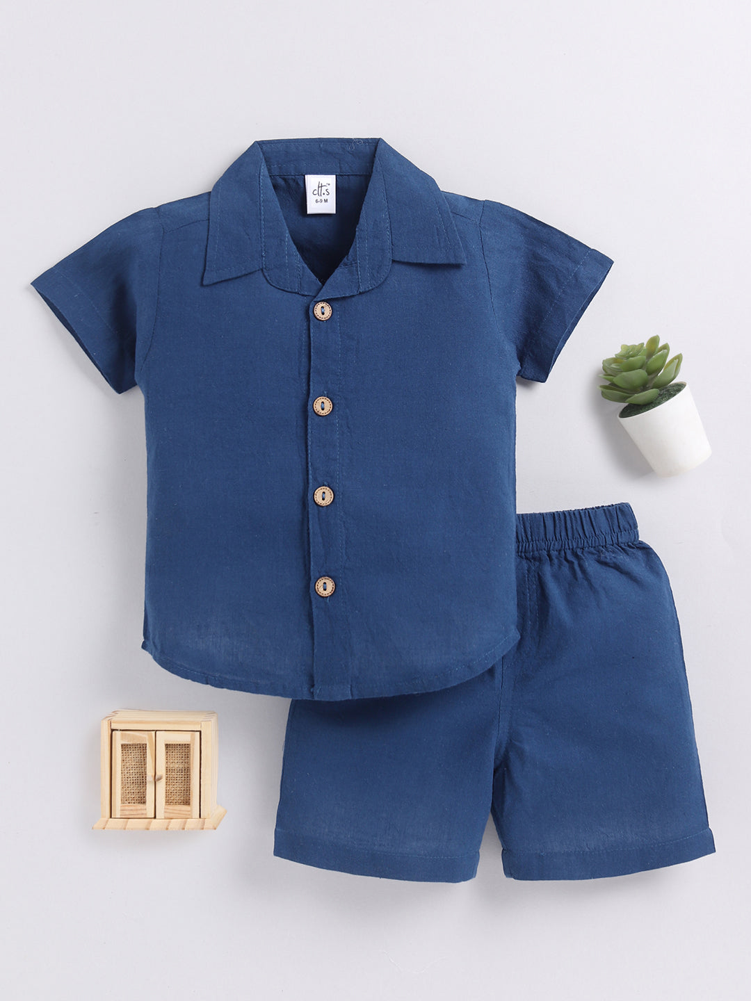 Blue Solid Cotton Short Sleeves Night Suit