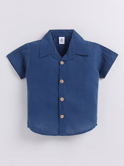 Blue Solid Cotton Short Sleeves Night Suit