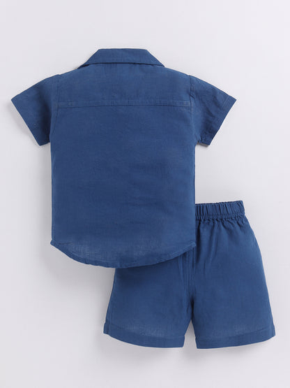 Blue Solid Cotton Short Sleeves Night Suit
